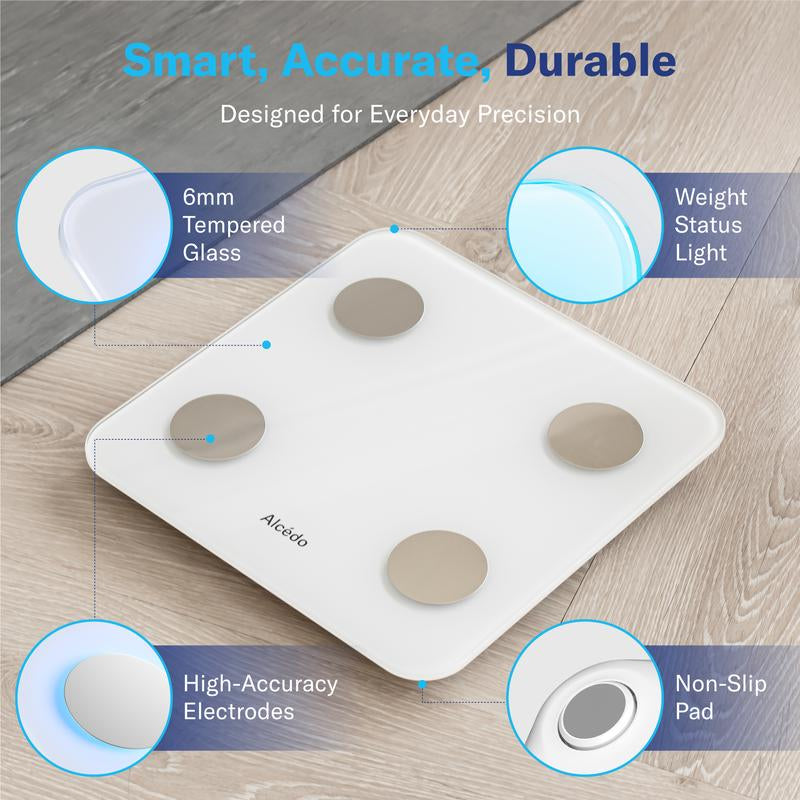 Alcedo Smart Scale for Body Weight, 7-Color Glowing Bluetooth Digital Bathroom Scale for BMI and Body Fat, Body Composition Monitor with Smartphone App