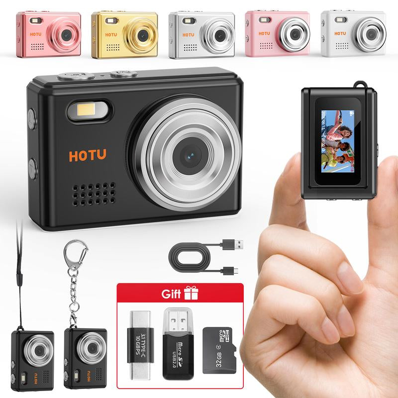 HOTU Mini Keychain Digital Camera with 32G Card Y2K Pocket-Size Camera 1080P HD 1MP Lens Flash & 0.96" Screen Target Retro Vlog Camera for Travel Concerts Kids & Instant Party Charging Micro