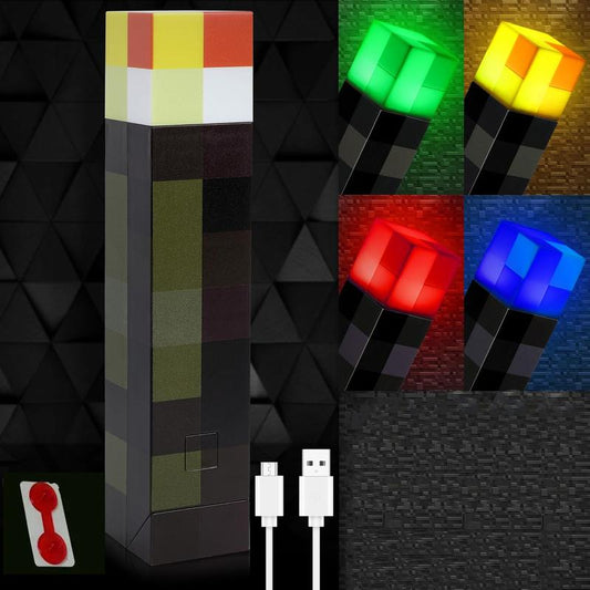 MC Pixel Torch Lamp – 7-Color LED, USB Rechargeable, Handheld & Wall Mount – Fun Night Light for Bedroom, Gaming & Desk – Unique Gifts for Kids, Boys, Halloween, Birthday & Christmas