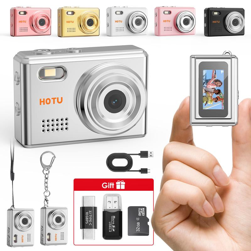 HOTU Mini Keychain Digital Camera with 32G Card Y2K Pocket-Size Camera 1080P HD 1MP Lens Flash & 0.96" Screen Target Retro Vlog Camera for Travel Concerts Kids & Instant Party Charging Micro