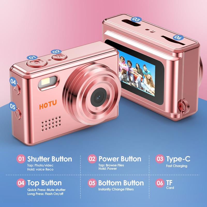 HOTU Mini Keychain Digital Camera with 32G Card Y2K Pocket-Size Camera 1080P HD 1MP Lens Flash & 0.96" Screen Target Retro Vlog Camera for Travel Concerts Kids & Instant Party Charging Micro