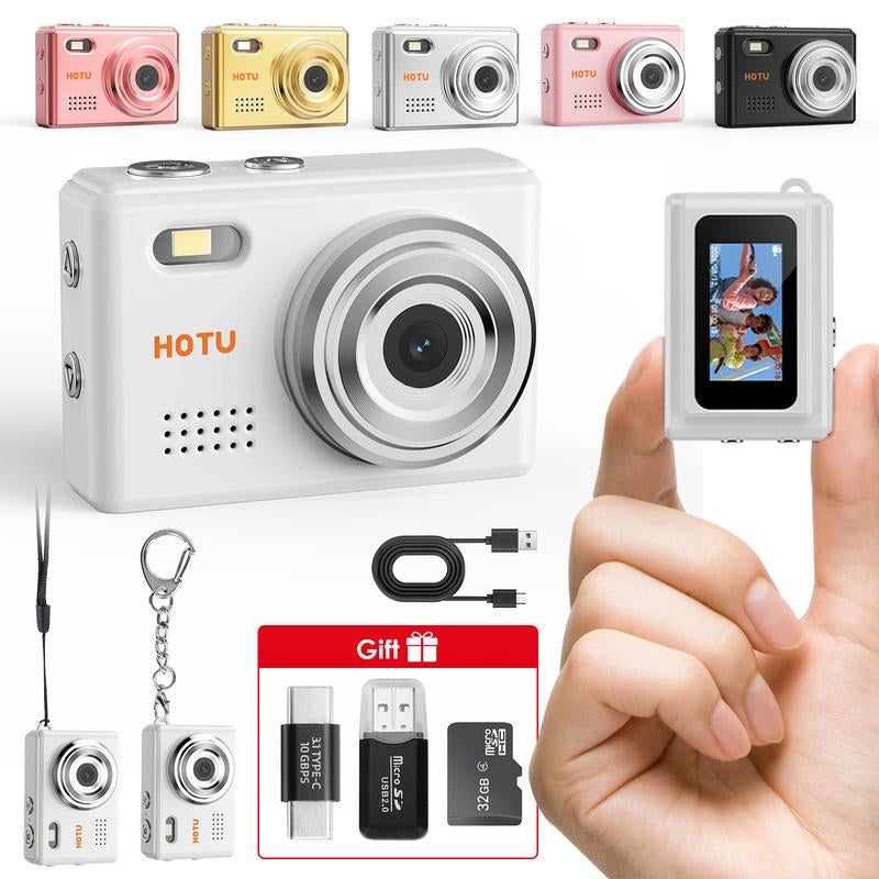 HOTU Mini Keychain Digital Camera with 32G Card Y2K Pocket-Size Camera 1080P HD 1MP Lens Flash & 0.96" Screen Target Retro Vlog Camera for Travel Concerts Kids & Instant Party Charging Micro