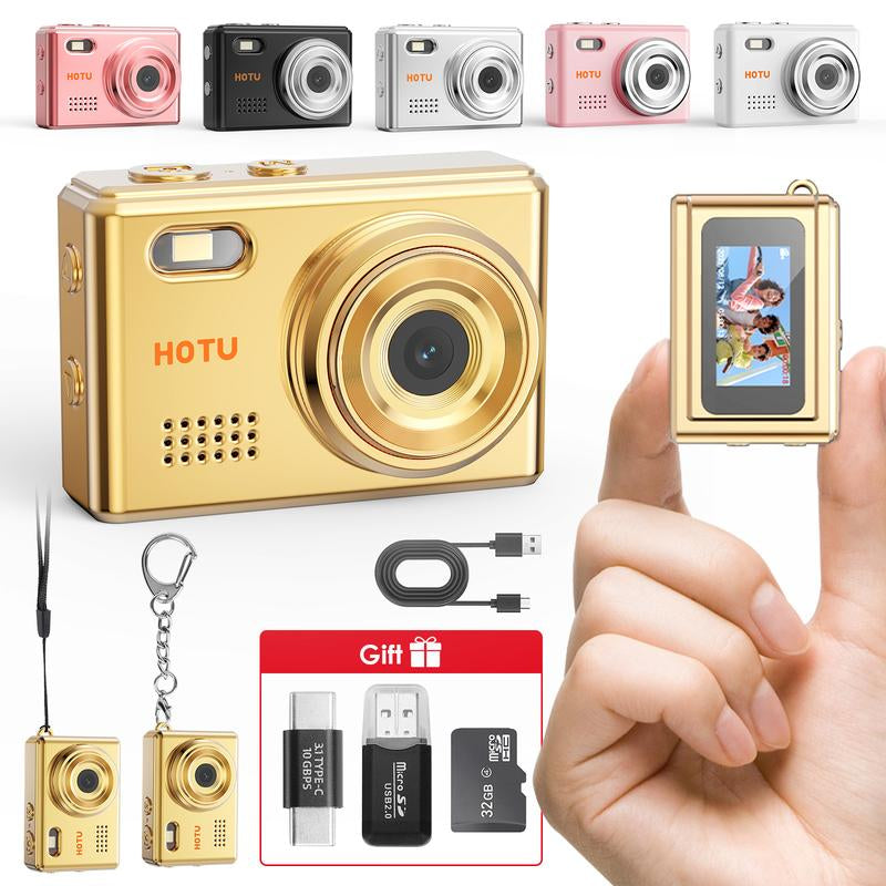 HOTU Mini Keychain Digital Camera with 32G Card Y2K Pocket-Size Camera 1080P HD 1MP Lens Flash & 0.96" Screen Target Retro Vlog Camera for Travel Concerts Kids & Instant Party Charging Micro
