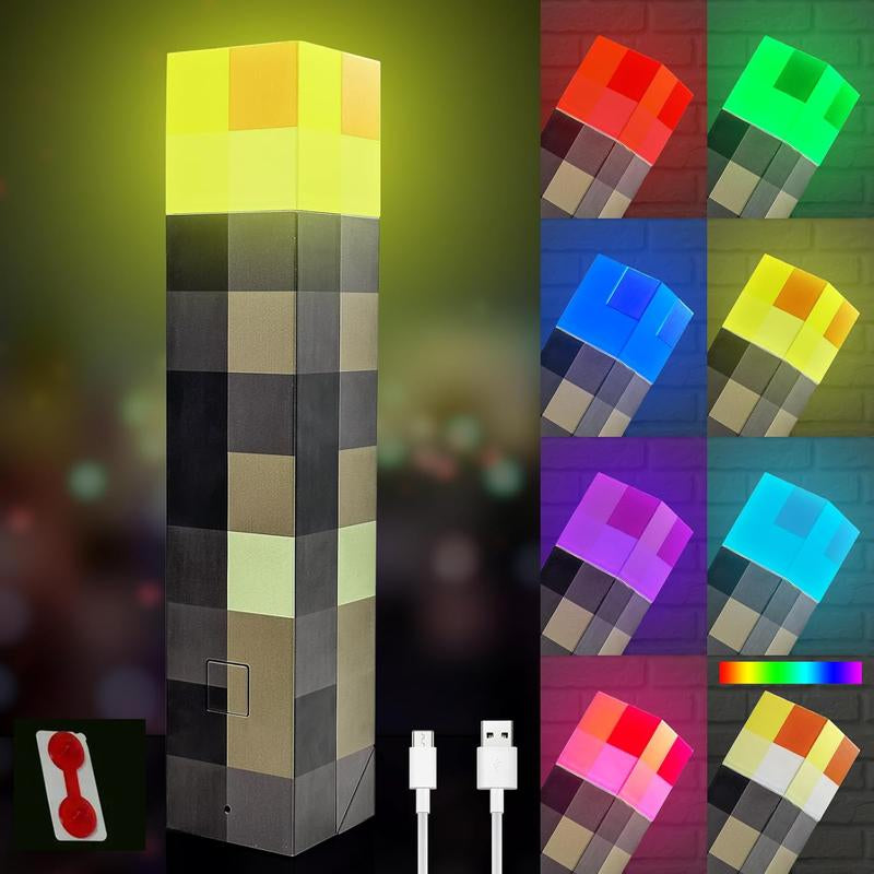 MC Pixel Torch Lamp – 7-Color LED, USB Rechargeable, Handheld & Wall Mount – Fun Night Light for Bedroom, Gaming & Desk – Unique Gifts for Kids, Boys, Halloween, Birthday & Christmas